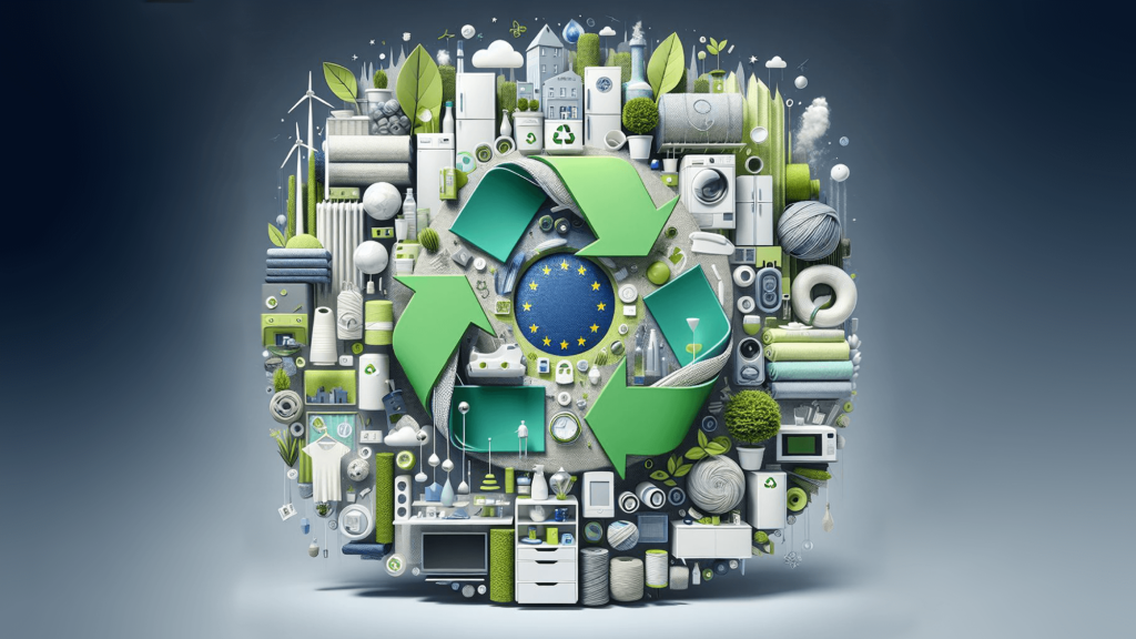 A detailed digital illustration of a circular economy concept in the EU. A large green recycling symbol surrounds the European Union flag, with various sustainable products, textiles, appliances, and eco-friendly elements arranged around it. The image highlights sustainability, recycling, responsible consumption, and the role of Fluxy.One Digital Product Passport in ensuring compliance and transparency.